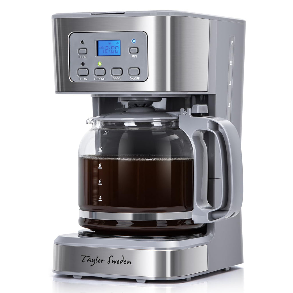 Taylor Swoden 12-Cup Programmable Coffee Maker, Regular & Strong Brew Drip Coffee Machine for Home and Office, Glass Carafe, Pause & Serve, Auto Shut Off, Black & Stainless Steel