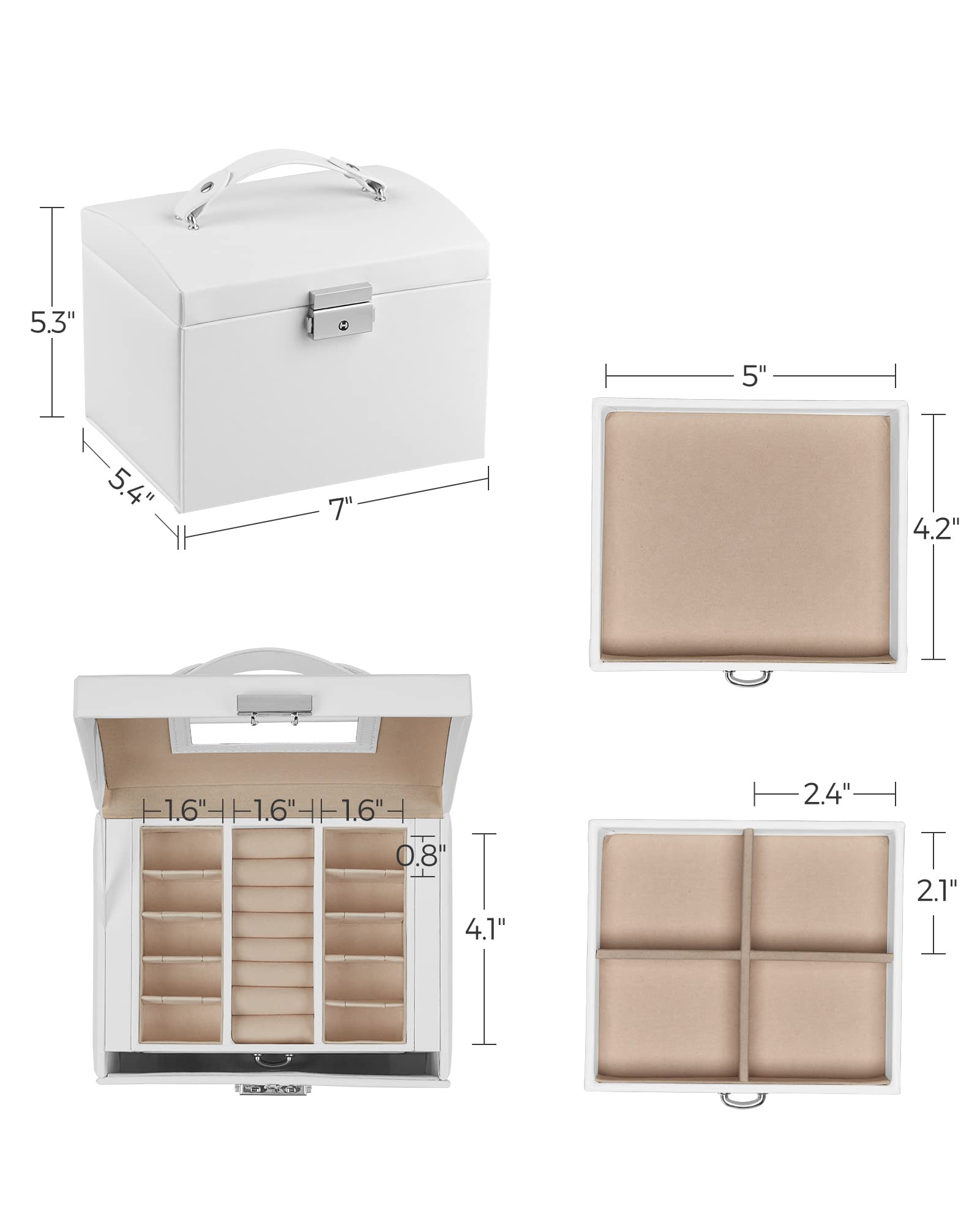 SONGMICS 3-Tier Jewelry Box, Travel Jewelry Case with Handle, 2 Drawers, Lockable Jewelry Organizer with Mirror, Jewelry Storage, Modern Style, Gift for Loved Ones, White UJBC154W01