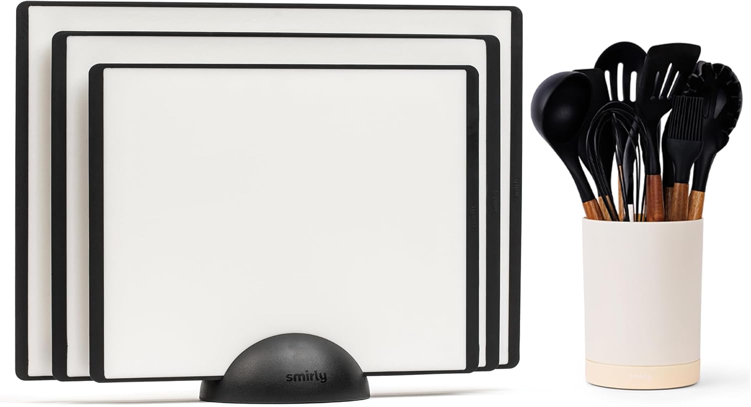 SMIRLY Black and White Bundle: 22 pcs Acacia Handle Silicone Cooking Utensil Set + Plastic Cutting Board