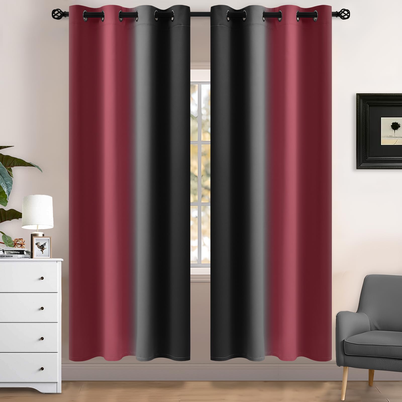 Yakamok Blue and Greyish White Ombre Curtains, Room Darkening Gradient Color Curtains for Bedroom, Light Blocking Thermal Insulated Window Drapes for Living Room(2 Panels, 52x84 Inch)
