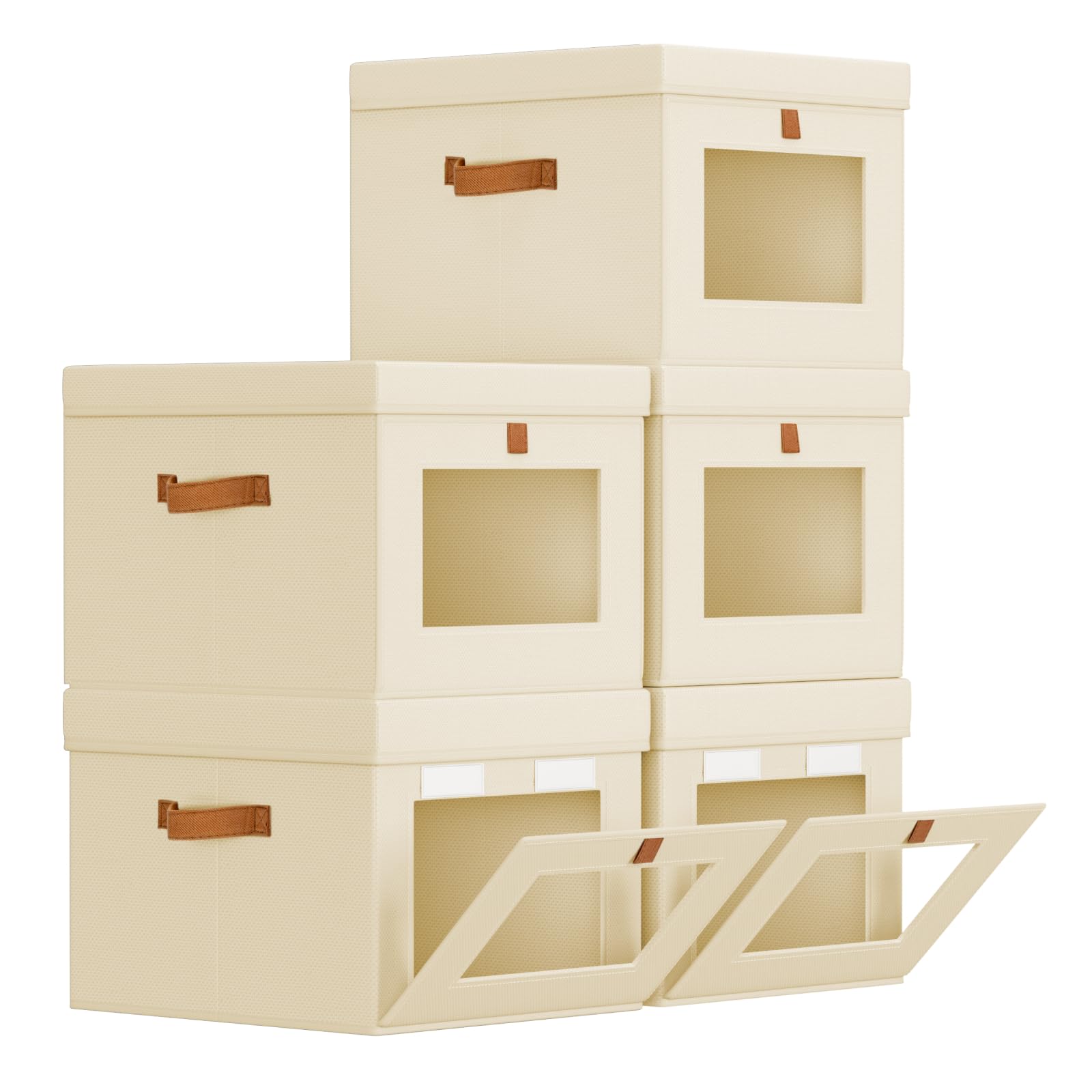Homsorout Large Storage Bins with Lids - Front Opening Fabric Storage Bins, Flap Closet Organizer with Handles, Collapsible Boxes with Lid, Decorative Basket for Home, Dorm, 2 Pack, Beige