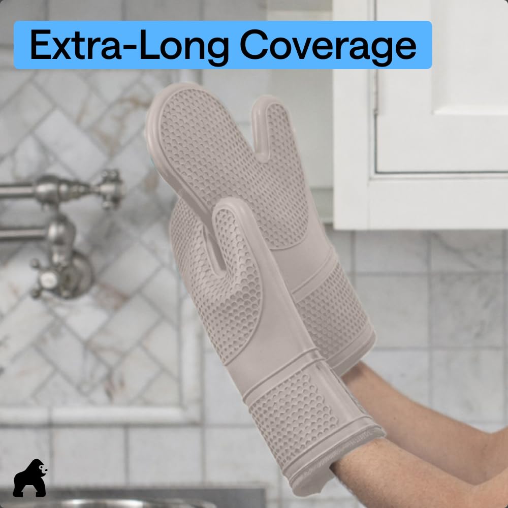 GORILLA GRIP BPA-Free Soft Silicone Oven Mitts, Heat Resistant and Waterproof Cooking Safety Gloves, Thick Cotton Lining, Flexible Gripping, Kitchen Potholders Set, for Grilling, BBQ, 12.5x8.3, Black