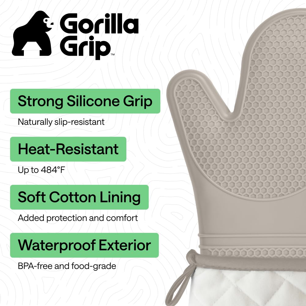 GORILLA GRIP BPA-Free Soft Silicone Oven Mitts, Heat Resistant and Waterproof Cooking Safety Gloves, Thick Cotton Lining, Flexible Gripping, Kitchen Potholders Set, for Grilling, BBQ, 12.5x8.3, Black