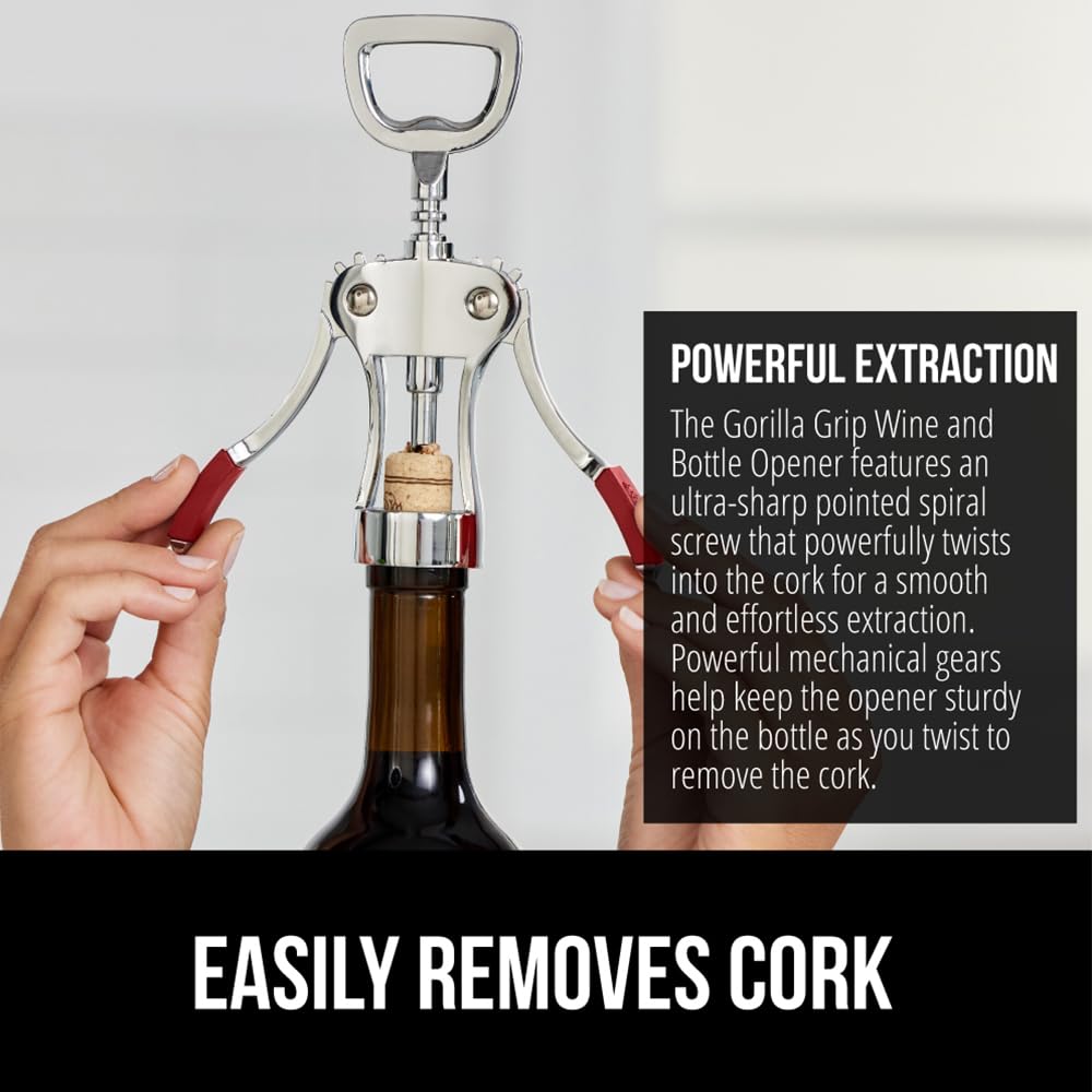 GORILLA GRIP BPA-Free Premium Wine Opener, Easy to Use Smooth Zinc Alloy Wing Corkscrew, Multifunctional Bottle Openers Remove Corks, Caps, Sharp Cork Screw, Dishwasher Safe, Bar Essentials, Black