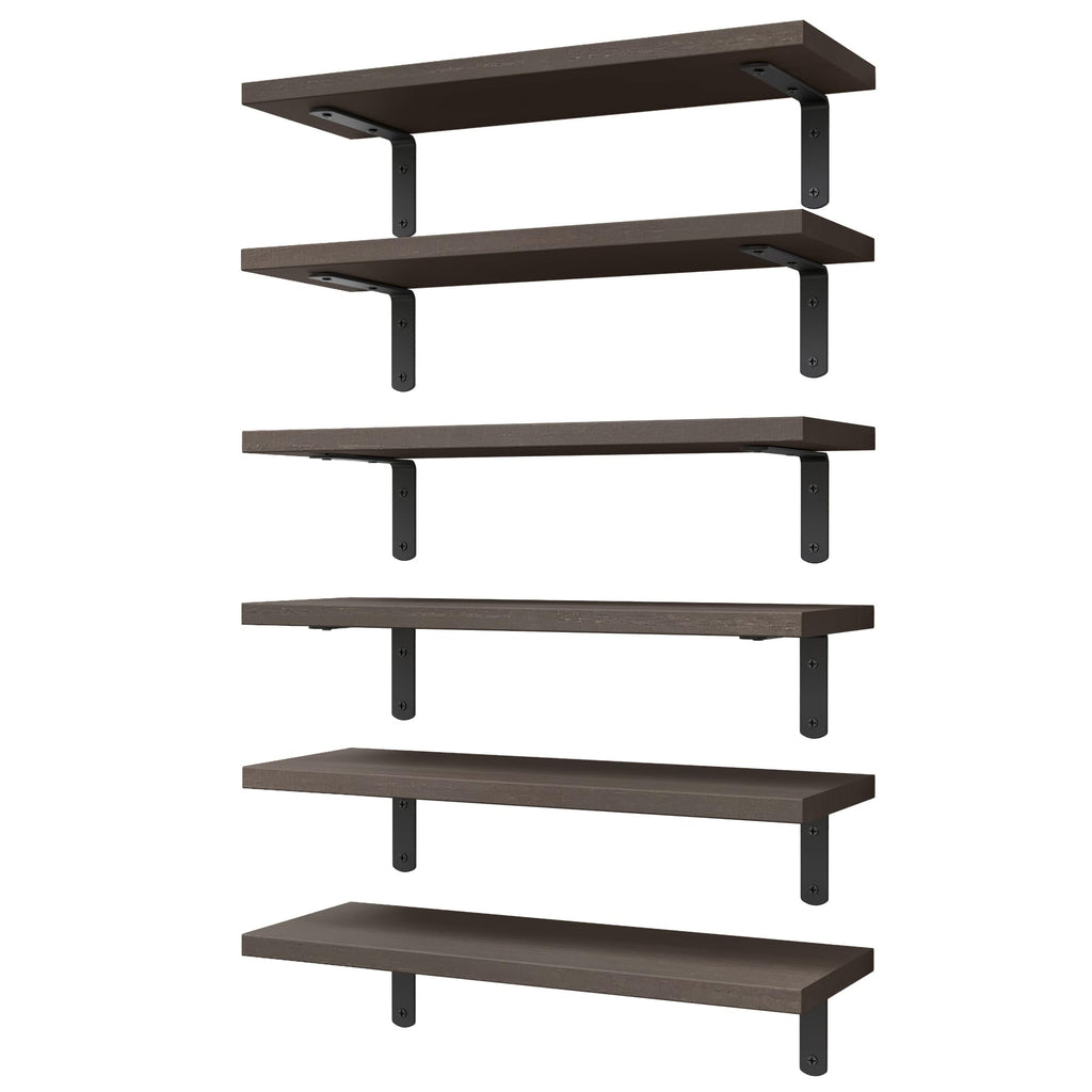 WOPITUES Wood Floating Shelves Set of 6, Shelves for Wall Decor, Farmhouse Shelf for Bedroom, Bathroom Storage Shelves, Book Shelves for Living Room - Rustic Brown