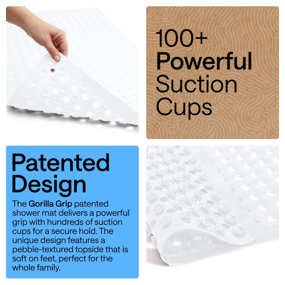 GORILLA GRIP Patented Bath Tub Shower Mat, Machine Washable Bathtub Floor Liner Mats, Suction Cups and Drain Holes to Keep Tubs Clean, Soft on Feet, Bathroom Essentials, 35x16 Inch, Clear