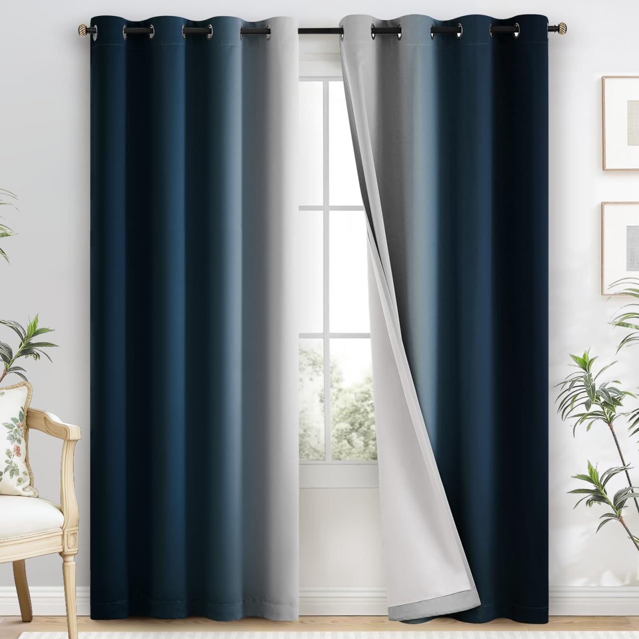 Yakamok Blue and Greyish White Ombre Curtains, Room Darkening Gradient Color Curtains for Bedroom, Light Blocking Thermal Insulated Window Drapes for Living Room(2 Panels, 52x84 Inch)