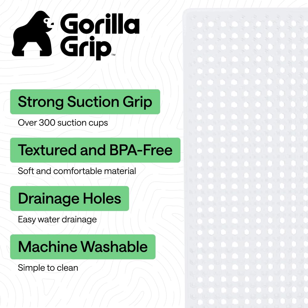 GORILLA GRIP Patented Bath Tub Shower Mat, Machine Washable Bathtub Floor Liner Mats, Suction Cups and Drain Holes to Keep Tubs Clean, Soft on Feet, Bathroom Essentials, 35x16 Inch, Clear