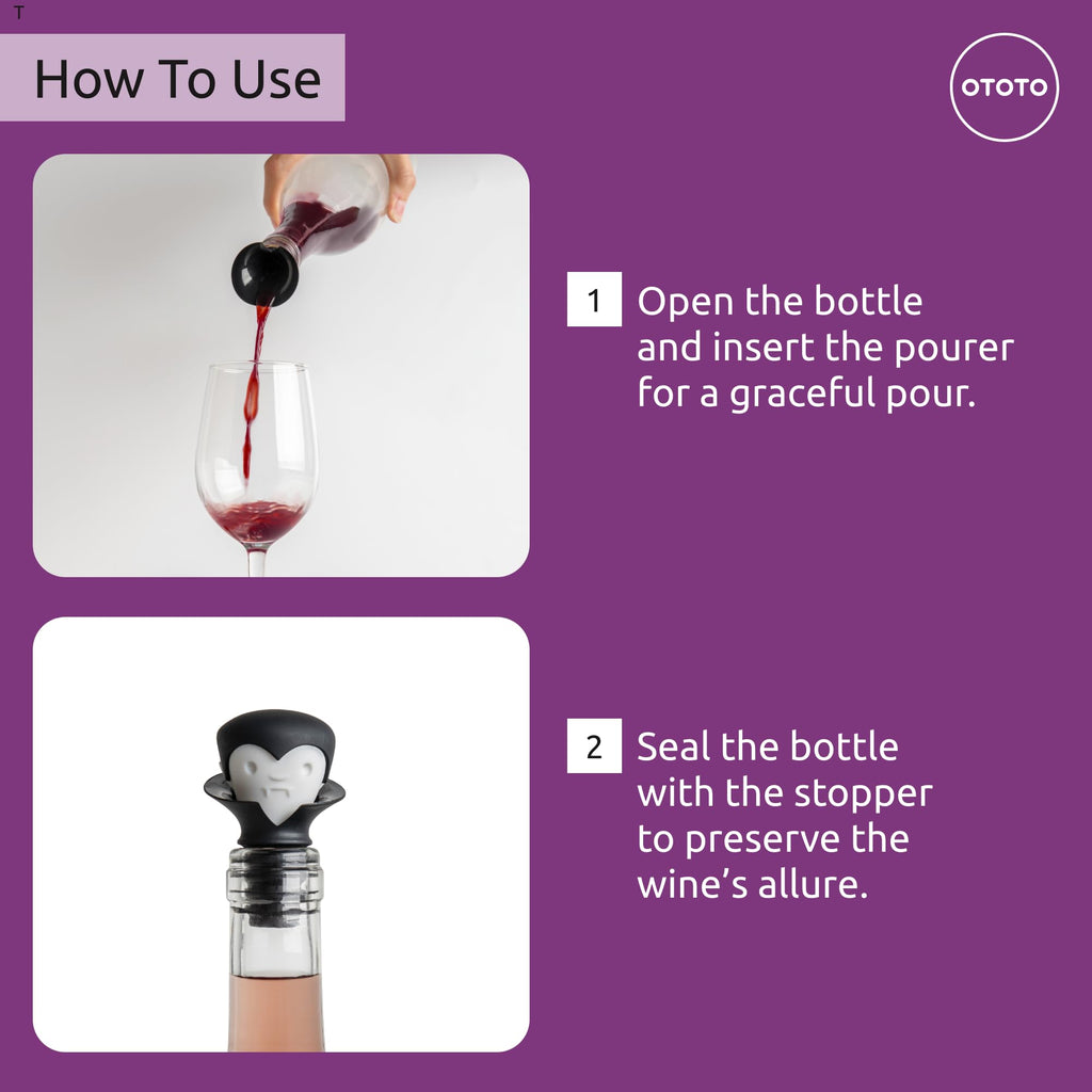 OTOTO Wine Stoppers & Pourer - Halloween Gifts for Wine Lovers, Spooky Wine Bottle Stopper, Wine Goth Accessories, Fun Kitchen Gadgets (Count Corkula)