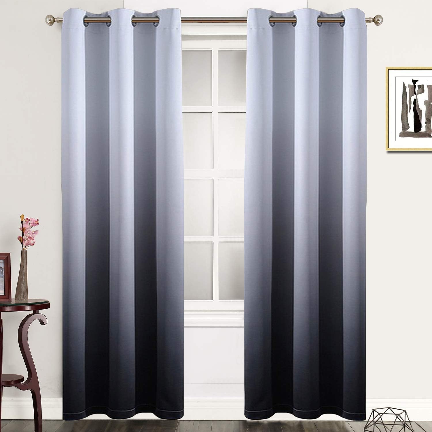 SimpleHome Ombre Room Darkening Curtains for Bedroom, Gradient Black to Grey White Light Blocking Thermal Insulated Grommet Window Curtain/Drapes for Living Room,2 Panels, 52x84 inches Length