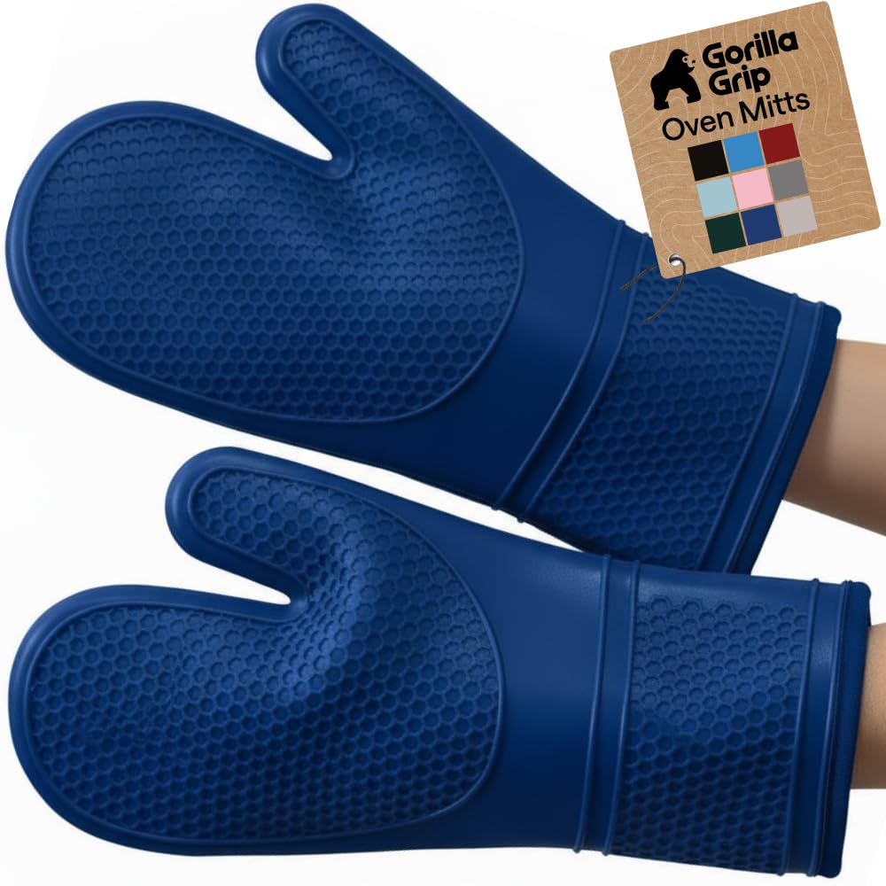 GORILLA GRIP BPA-Free Soft Silicone Oven Mitts, Heat Resistant and Waterproof Cooking Safety Gloves, Thick Cotton Lining, Flexible Gripping, Kitchen Potholders Set, for Grilling, BBQ, 12.5x8.3, Black