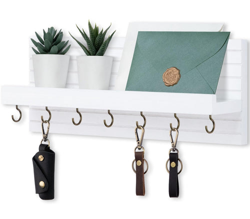 Decorative Key Holder for Wall with Shelf, Entryway Shelf with Hooks Holds Leashes, Jackets and Glasses – Sturdy Wood Keyholder Entrance Hanger with Mounting Hardware (Black, Medium)