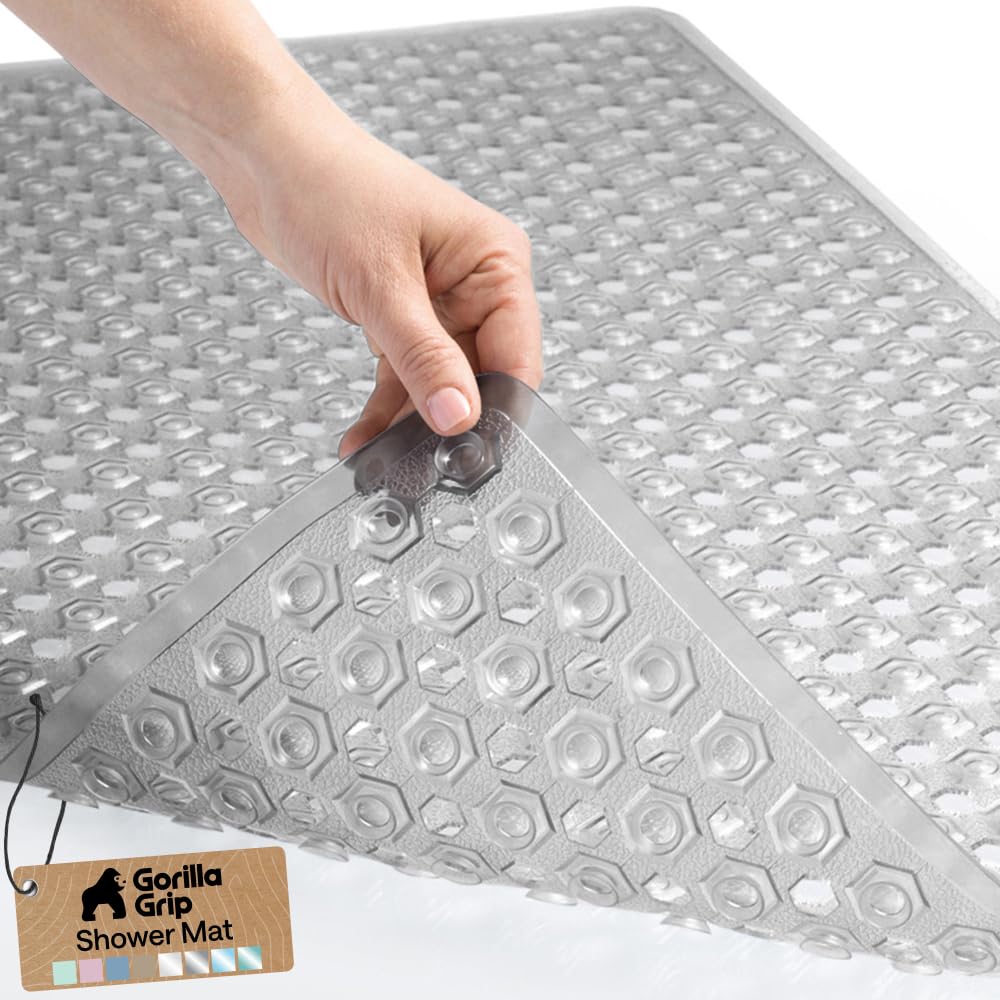 GORILLA GRIP Patented Bath Tub Shower Mat, Machine Washable Bathtub Floor Liner Mats, Suction Cups and Drain Holes to Keep Tubs Clean, Soft on Feet, Bathroom Essentials, 35x16 Inch, Clear