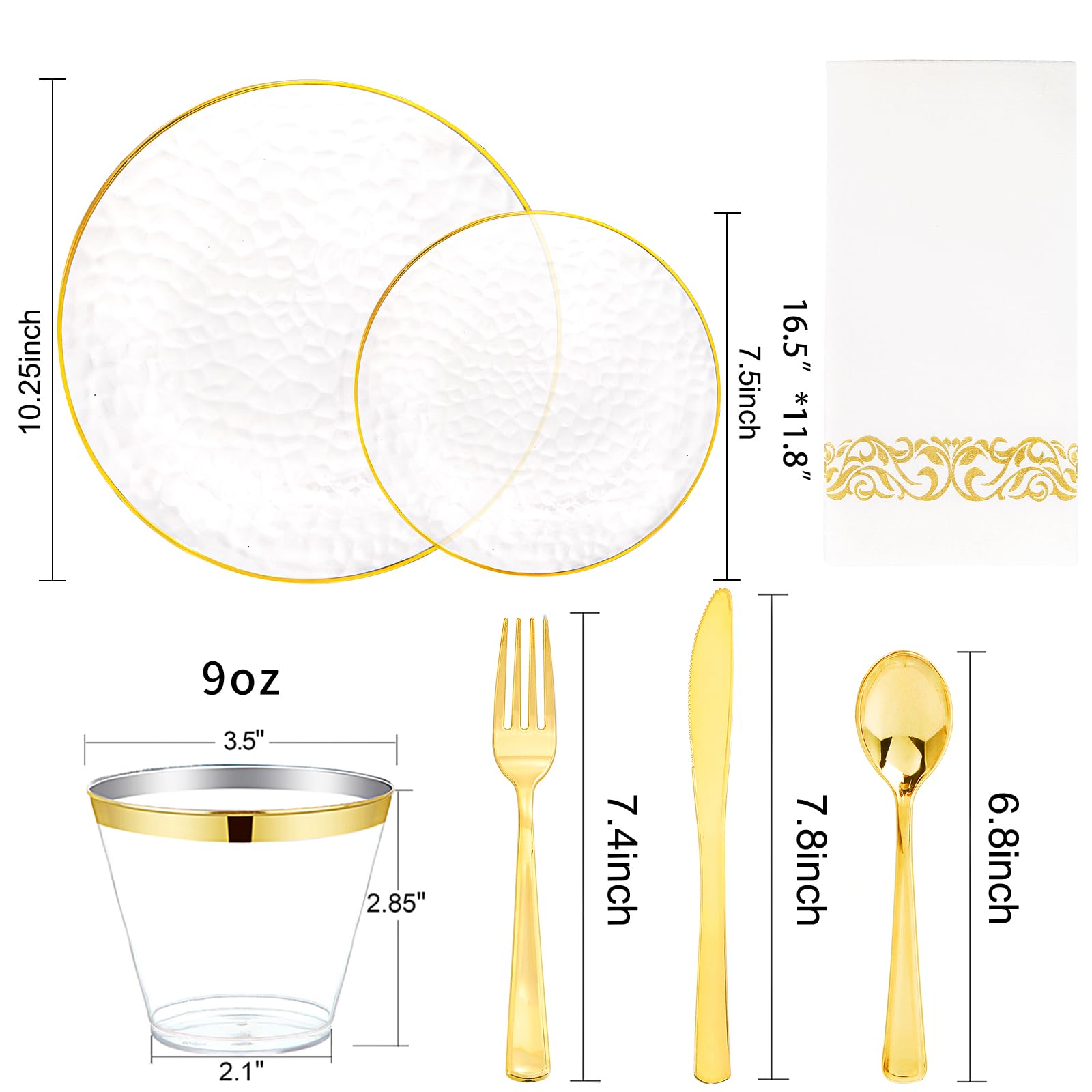 DaYammi 350PCS Clear Gold Plastic Dinnerware Set for 50 Guests, Hammered Disposable Plates for Party, Include: 50 Dinner Plates, 50 Dessert Plates, 150 Gold Silverware, 50 Napkins, 50 Cups
