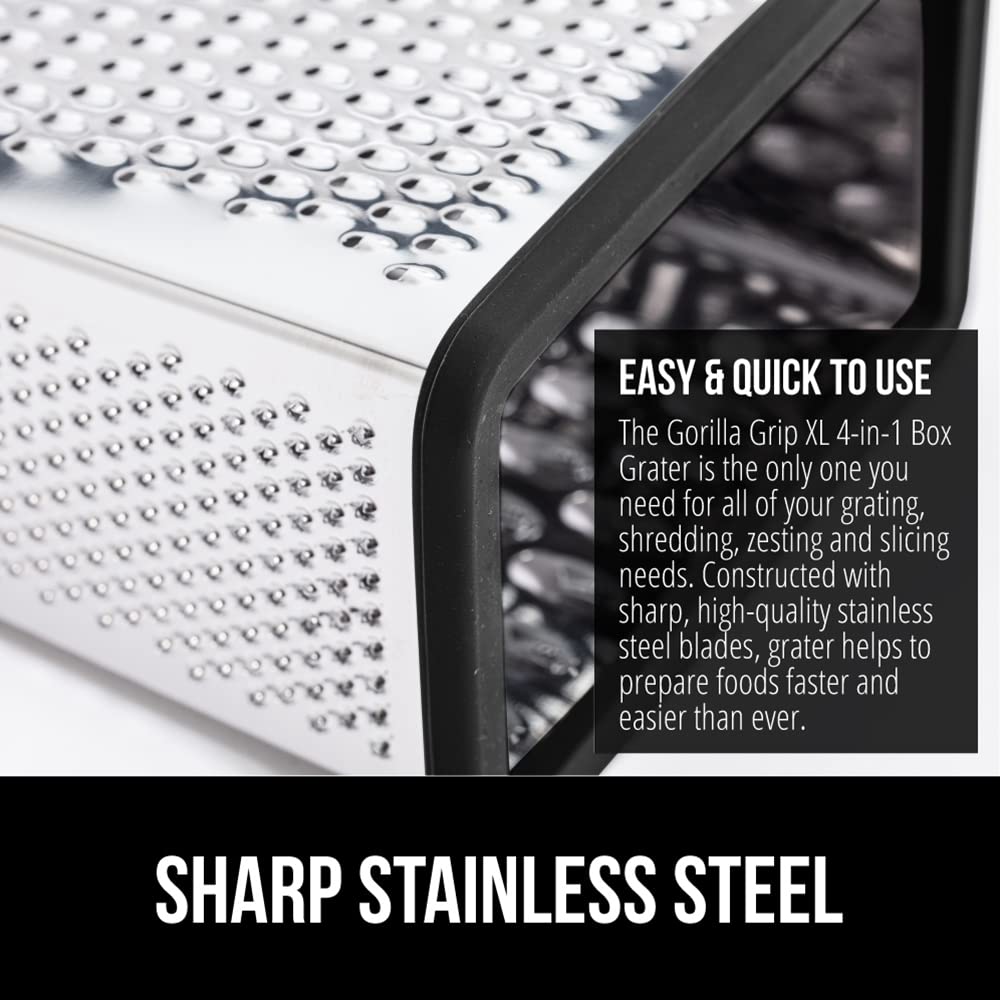 GORILLA GRIP 4-Sided Stainless Steel Cheese Grater With Container, 100% BPA-Free Box Grater, Slip Resistant Base and Handle, Grate Parmesan, Hard Cheeses, Shred Vegetables, Dishwasher Safe, Black