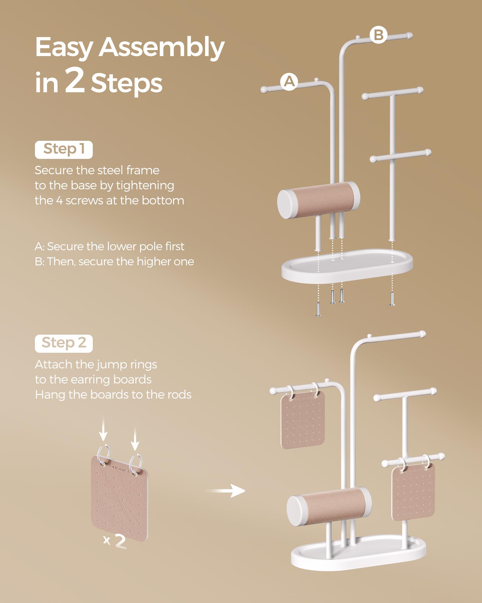 SONGMICS Jewelry Stand, Jewelry Organizer, Jewelry Display Holder with Metal Frame, 2 Earring Boards, 4 Hanging Rods, Necklace Earring Bracelet Holder, for Watches, Metallic Gold UJJS025A01