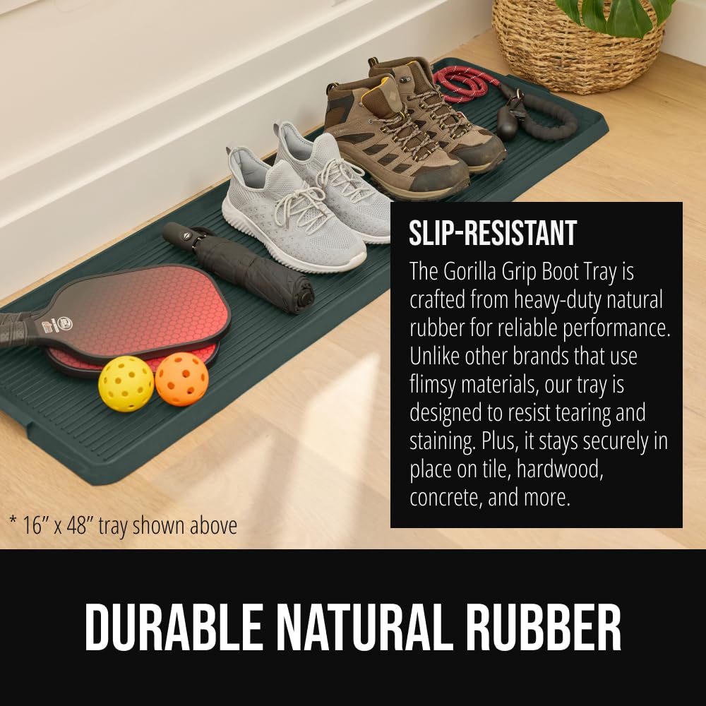 GORILLA GRIP Natural Rubber Indoor Outdoor Boot Tray for Shoes, 32x16, Waterproof Winter Mat with Raised Edges, Handles, Tear Resistant Heavy Duty Home Garage Floor Mats, Easy Clean Shoe Trays, Black