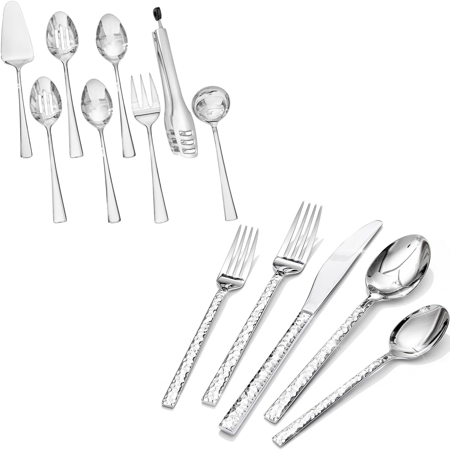 KINGSTONE 40 Piece Hammered Silverware Set and 8 Piece Serving Utensils Set