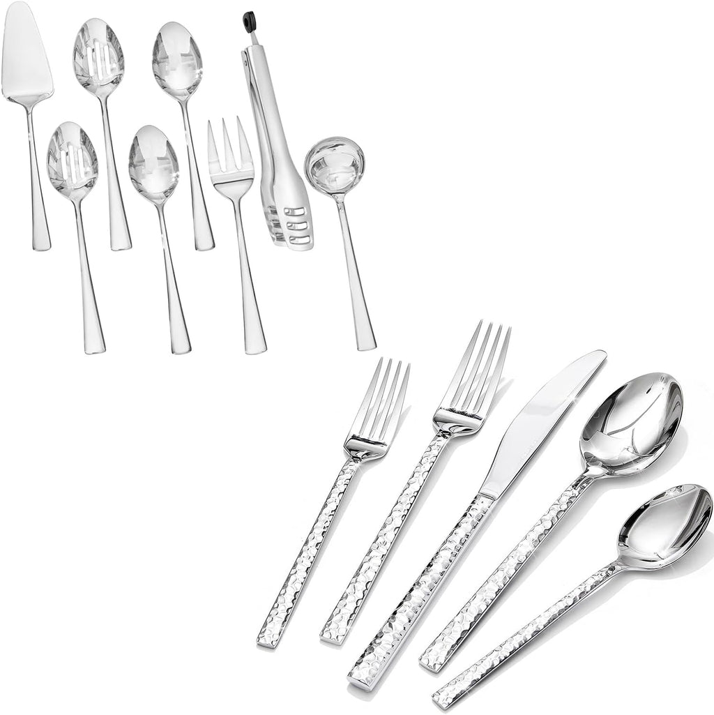 KINGSTONE 60 Piece Hammered Silverware Set and 8 Piece Serving Utensils Set