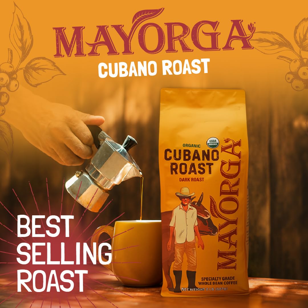 Mayorga Organic Coffee 2lb Cafe Cubano Roast - Dark Roast Whole Bean Specialty Grade Coffee, 100% Arabica, Slow Roasted, Bold and Smooth Flavor with Low Acidity - USDA Organic, Non-GMO, Kosher