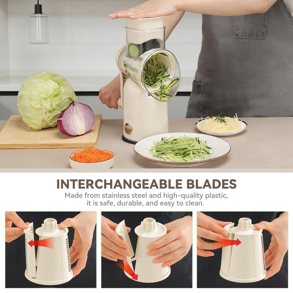 KEOUKE Rotary Cheese Grater 5 in 1 Green - Hand Crank Vegetable Cutter, Shredder, Slicer, Enlarge Input, Suction Base, Labor-Saving Handle, Blade Storage Box, for Onion, Potato, Vegetable, Nuts, etc