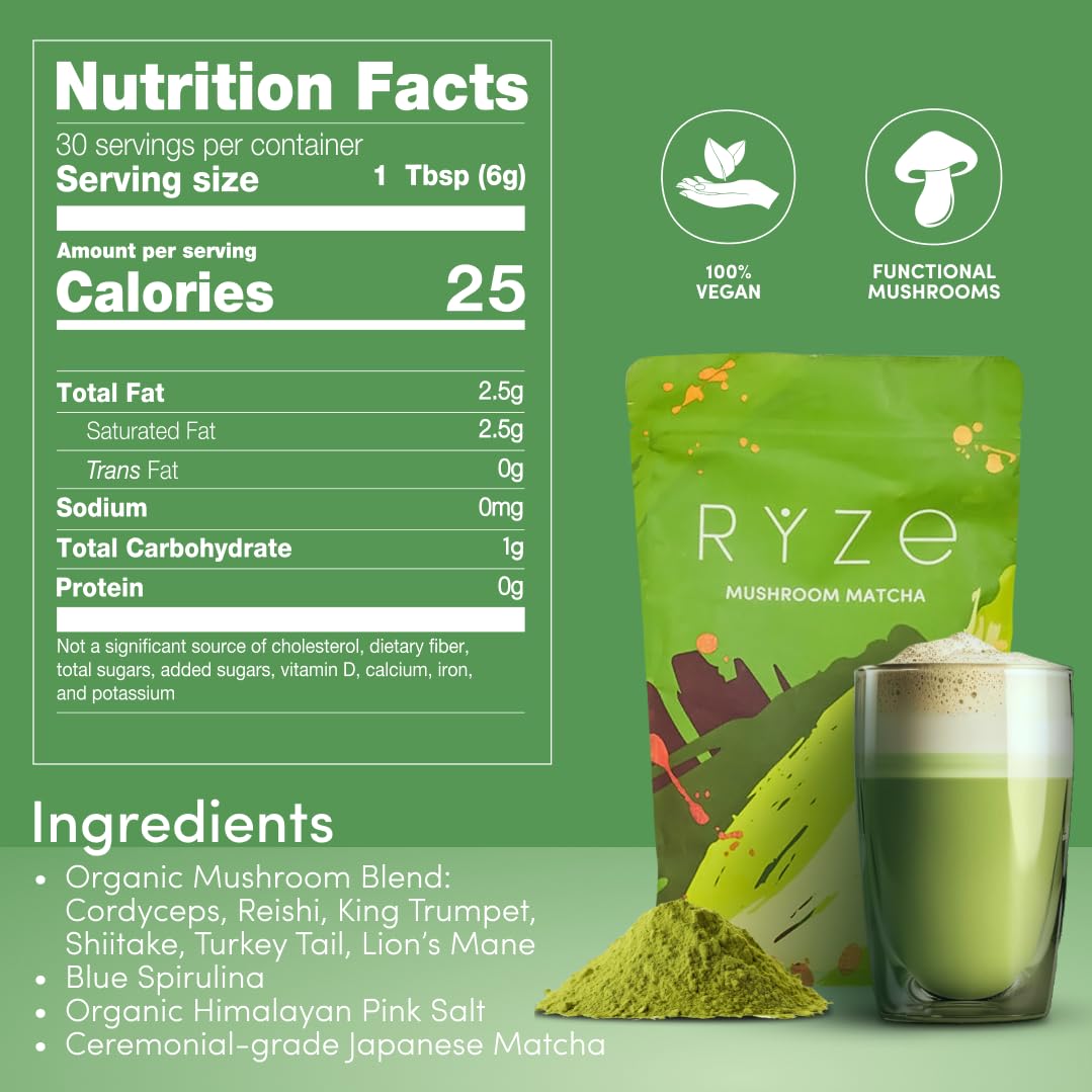 RYZE SUPERFOODS Mushroom Matcha Starter Kit, USDA Organic with 6 Adaptogenic Mushrooms and Ceremonial-Grade Matcha, Energy, Focus, Digestion, Immunity with Turkey Tail, Shiitake, Reishi (Matcha (Pack of 1))