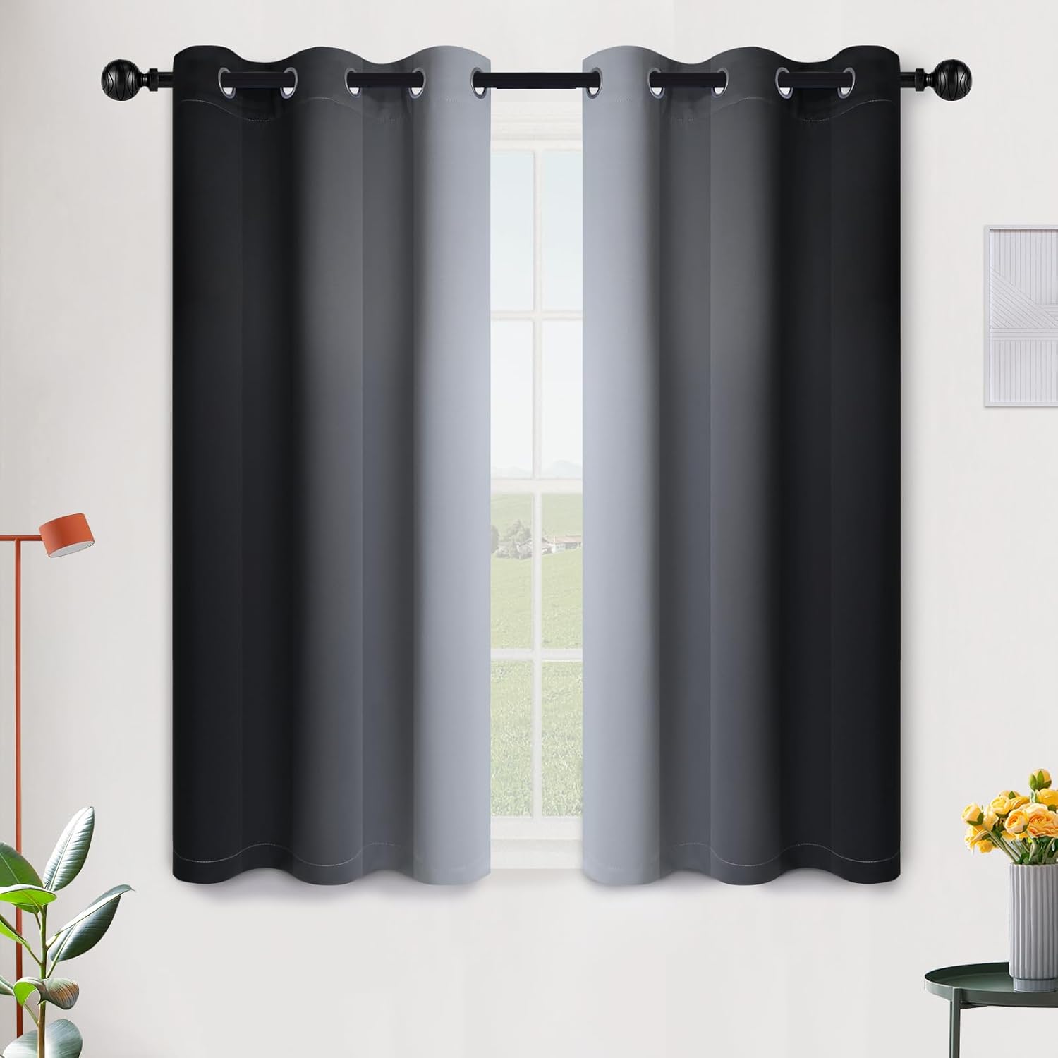 SimpleHome Ombre Room Darkening Curtains for Bedroom, Gradient Black to Grey White Light Blocking Thermal Insulated Grommet Window Curtain/Drapes for Living Room,2 Panels, 52x84 inches Length