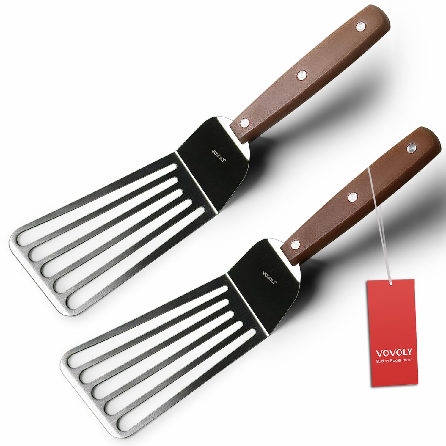 2 Pack Fish Spatula Turner, Stainless Steel Slotted Spatulas for Flipping, Turning, Frying & Grilling, 3"x6"+4"x8" Metal Slotted Spatulas, Wooden Full Tang Handle & Curved Blade