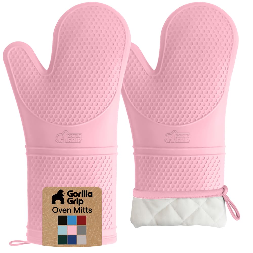 GORILLA GRIP BPA-Free Soft Silicone Oven Mitts, Heat Resistant and Waterproof Cooking Safety Gloves, Thick Cotton Lining, Flexible Gripping, Kitchen Potholders Set, for Grilling, BBQ, 12.5x8.3, Black