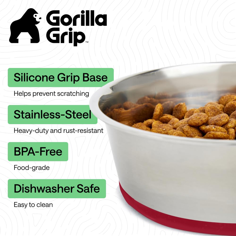 GORILLA GRIP Dog Bowls, Heavy Duty 304 Stainless Steel, Holds 2 Cups Each (16 fl oz) Food and Water Bowl for Feeding Dogs and Cats, Dishwasher Safe, Rust Resistant, BPA Free Rubber Base Set of 2 Black