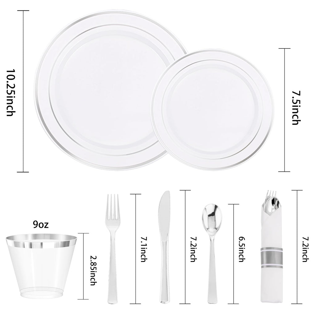 DaYammi 350PCS Gold Plastic Dinnerware Set for 50 Guests, Fancy Disposable Plates for Party, Include: 50 Dinner Plates, 50 Dessert Plates, 50 Pre Rolled Napkins with Gold Silverware, 50 Cups