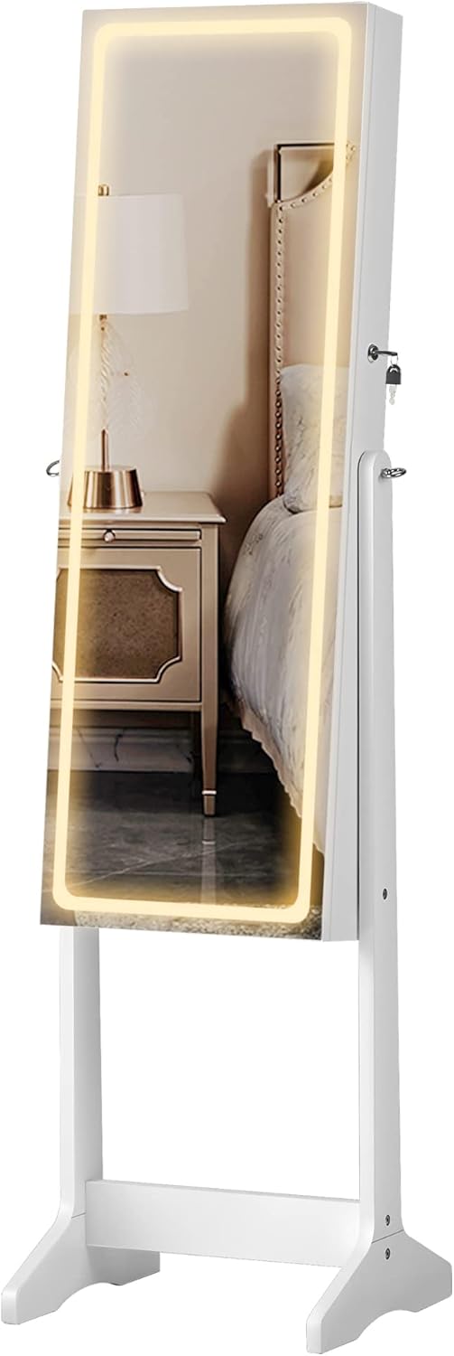 SONGMICS LED Mirror Jewelry Cabinet, Adjustable Brightness and 3 Shades of Light, Standing Jewelry Armoire with Full-Length Mirror, Jewelry Organizer with Built-in Mirror and Lights, White UJJC016W01
