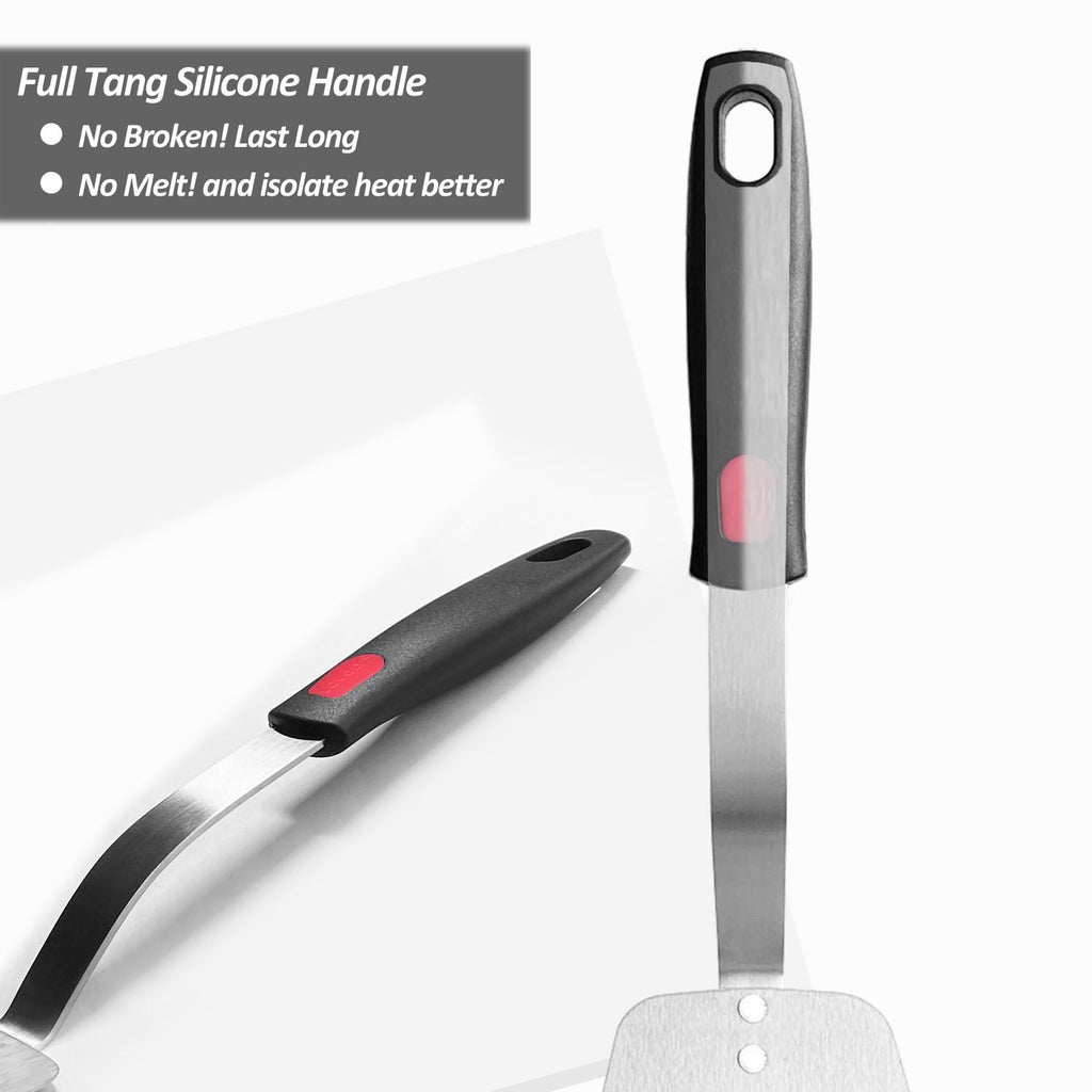 Stainless Steel Flexible Spatula Turner, Thin Slotted Metal Spatula for Cast Iron Skillet, Thin Blade and Heat Resistant Silicone Handle, Great for Egg, Cookie, Meat, Crep, Large