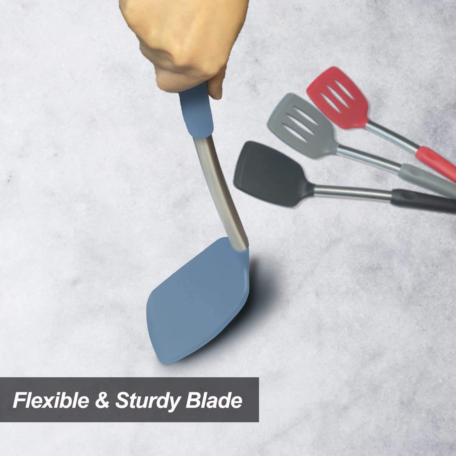 2 Pack Spatulas, Solid & Slotted Silicone Spatula Set, Stainless Steel Handle Coated with Silicone, Non Stick Turners, Heat Resistant Rubber Spatulas for Fish, Eggs, Pancakes, WOK, Black