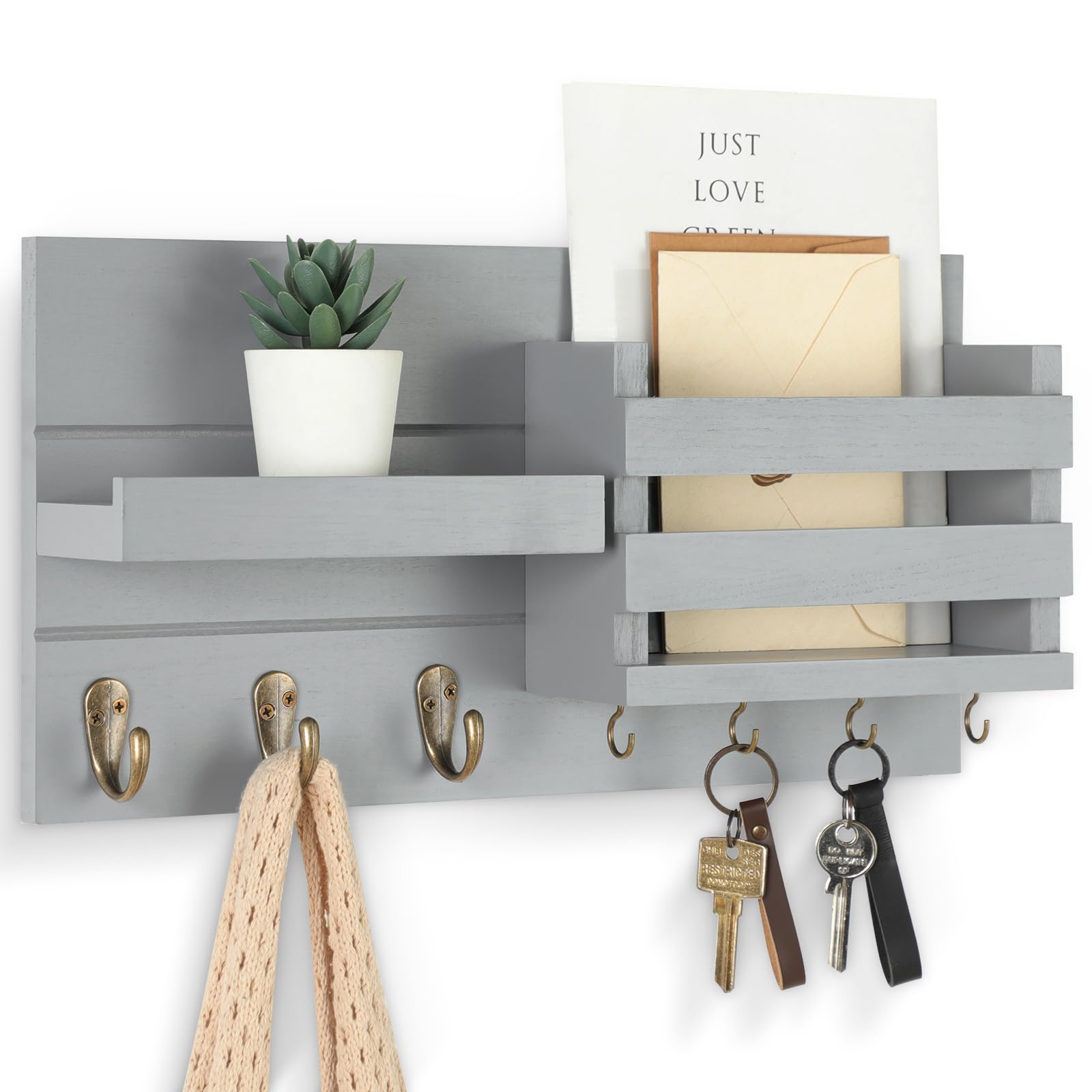 Mail Organizer for Wall Mount – Key Holder with Shelf Includes Letter Holder and Hooks for Coats, Dog Leashes – Rustic Wood with Flush Mounting Hardware (16.5” x 8.7” x 3.5”)