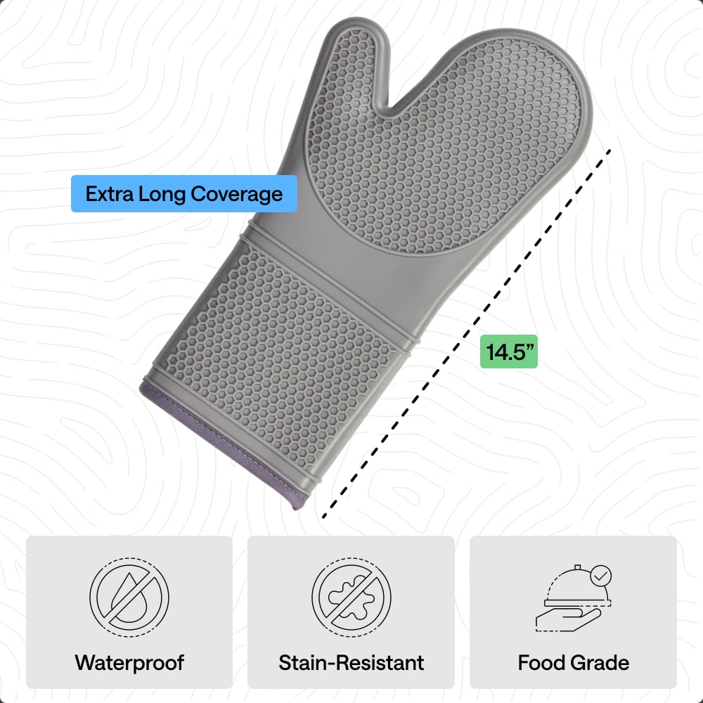 GORILLA GRIP BPA-Free Soft Silicone Oven Mitts, Heat Resistant and Waterproof Cooking Safety Gloves, Thick Cotton Lining, Flexible Gripping, Kitchen Potholders Set, for Grilling, BBQ, 12.5x8.3, Black
