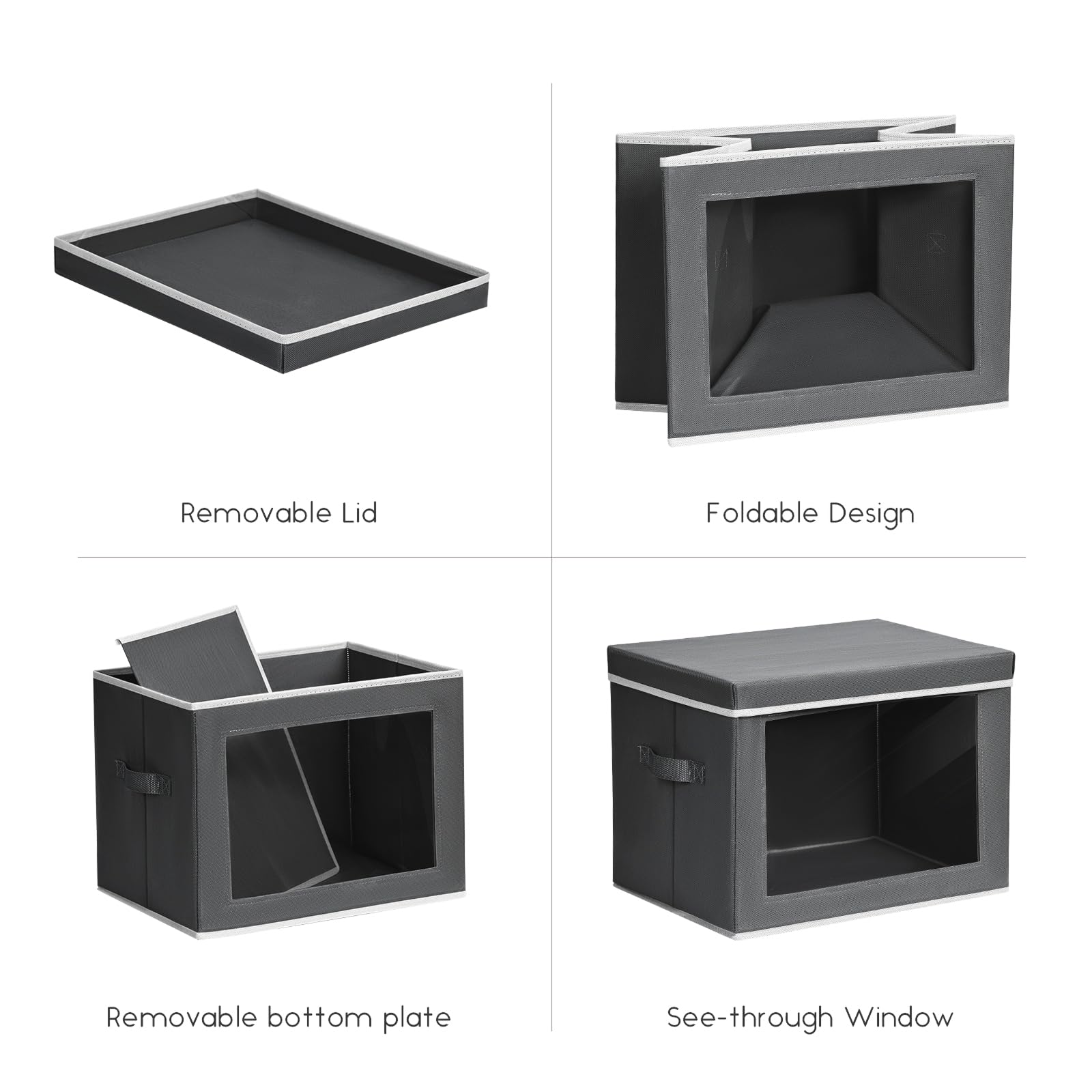Homsorout Storage Bins with Lids - Fabric Storage Boxe with Window, Collapsible Closet Organizers with Handles, 3 Pack Decorative Bin, Home Cubes Baskets for Clothes, Hat, Books, Dark Grey