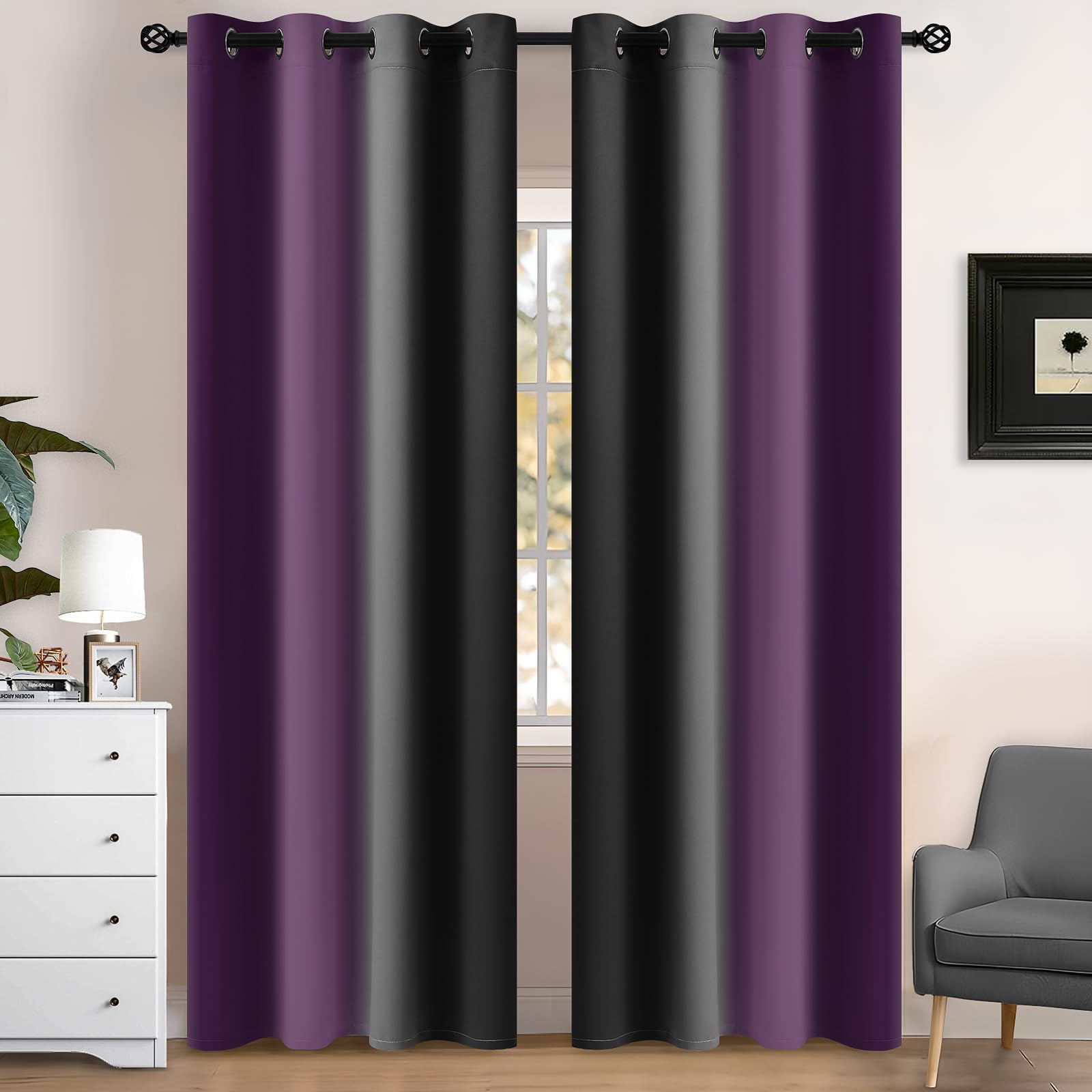 Yakamok Blue and Greyish White Ombre Curtains, Room Darkening Gradient Color Curtains for Bedroom, Light Blocking Thermal Insulated Window Drapes for Living Room(2 Panels, 52x84 Inch)