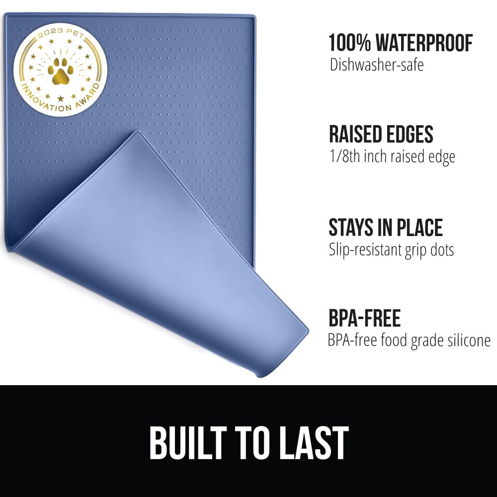 GORILLA GRIP 100% Waterproof Raised Edge BPA Free Silicone Pet Feeding Mat, Dog Cat Food Mats Contain Spills Protects Floors, Placemats for Cats and Dogs Water Bowl, Pets Accessories 18.5x11.5 Gray