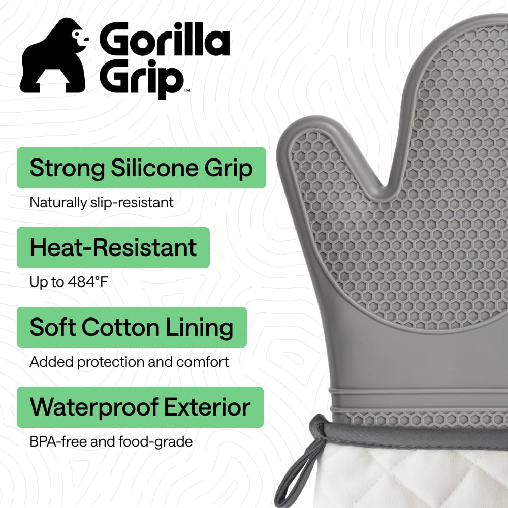 GORILLA GRIP BPA-Free Soft Silicone Oven Mitts, Heat Resistant and Waterproof Cooking Safety Gloves, Thick Cotton Lining, Flexible Gripping, Kitchen Potholders Set, for Grilling, BBQ, 12.5x8.3, Black