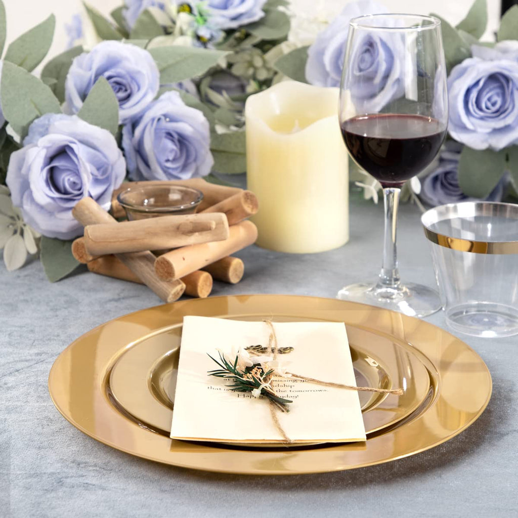 DaYammi 210Pcs White Gold Plastic Plates for Party,Gold Disposable Dinnerware Set Includes 60 gold Floral Plates,30 Plastic Silverware,30 Per Rolled Napkins,30 Cups for Mother's Day Party Wedding