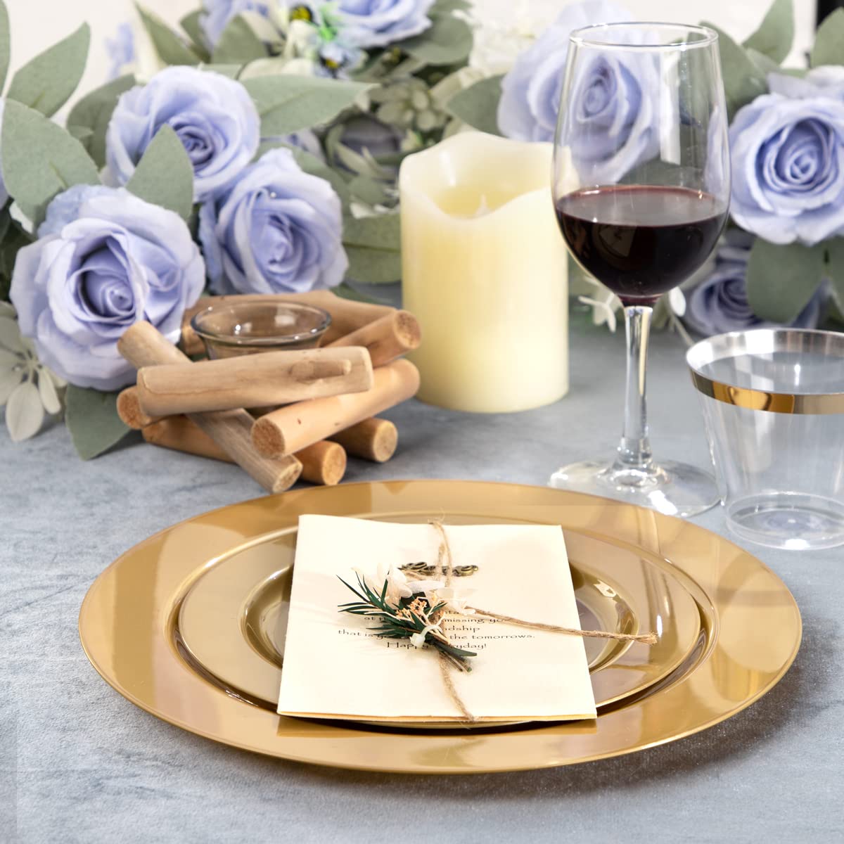 DaYammi 210Pcs White Gold Plastic Plates for Party,Gold Disposable Dinnerware Set Includes 60 gold Floral Plates,30 Plastic Silverware,30 Per Rolled Napkins,30 Cups for Mother's Day Party Wedding