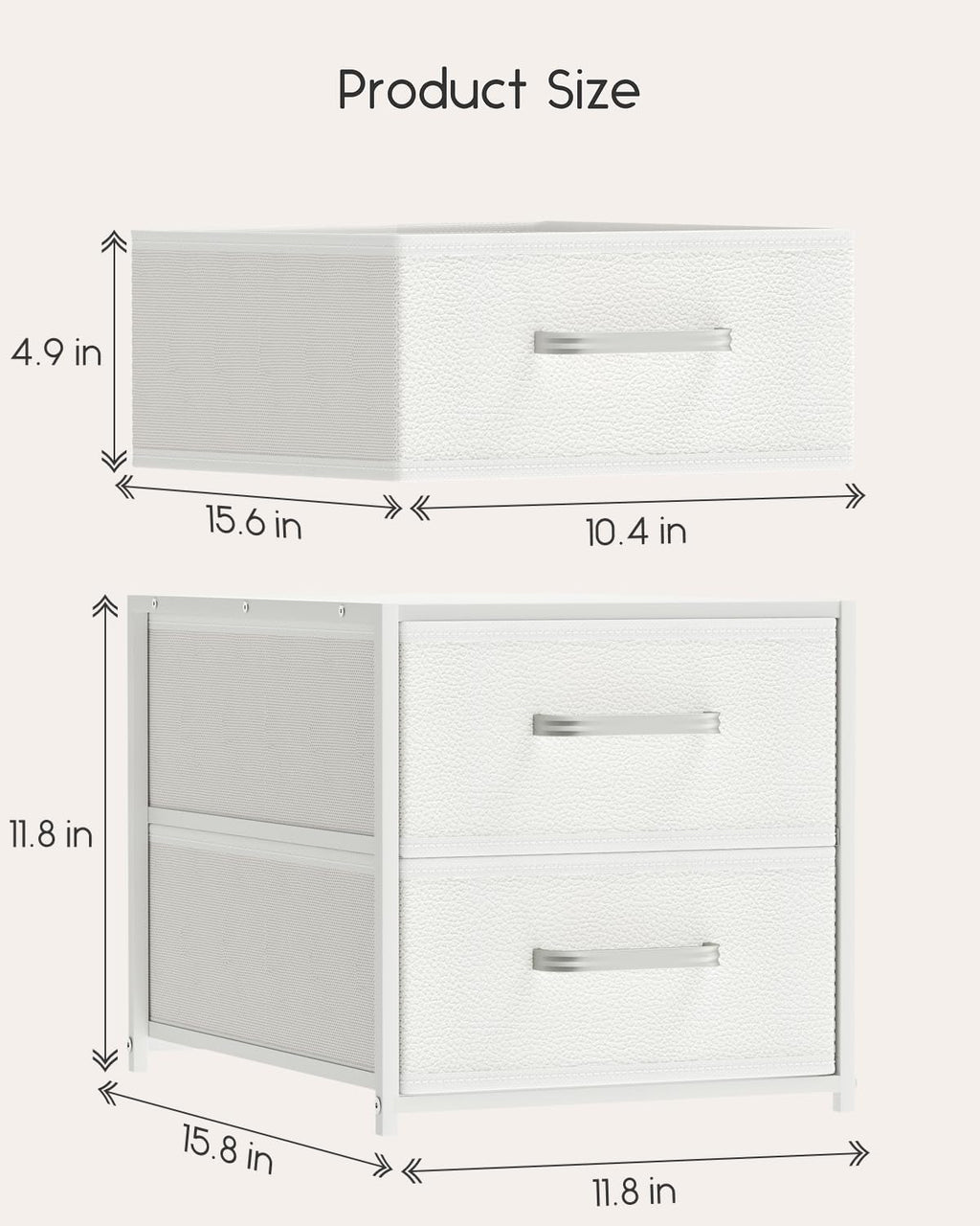 Homsorout Stackable Storage Drawers - 2 Tier Closet Organizer with Metal Handles and Metal Frame, Collapsible Fabric Bins Dresser for Bedroom, Dorm, Office, White, 1 Pack