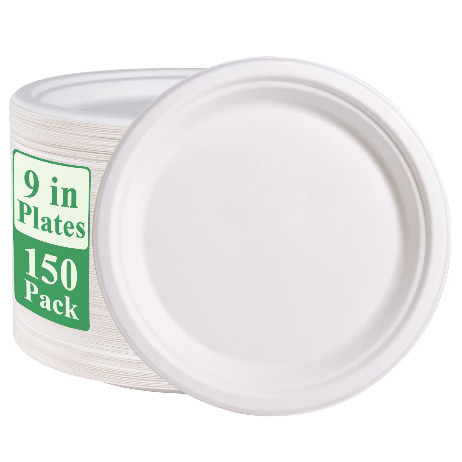 Vplus 150 Pack Paper Plates 9 inch 100% Compostable, Heavy-Duty Disposable Paper Plates Bagasse Natural Biodegradable Eco-Friendly Sugarcane