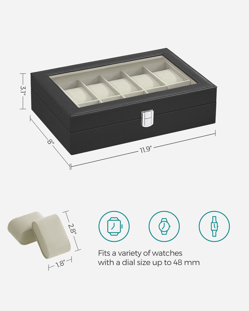 SONGMICS Watch Box, 12-Slot Watch Case Organizer with Large Glass Lid, Removable Pillows, Gift for Loved Ones, Black Synthetic Leather, Gray Lining UJWB12BK