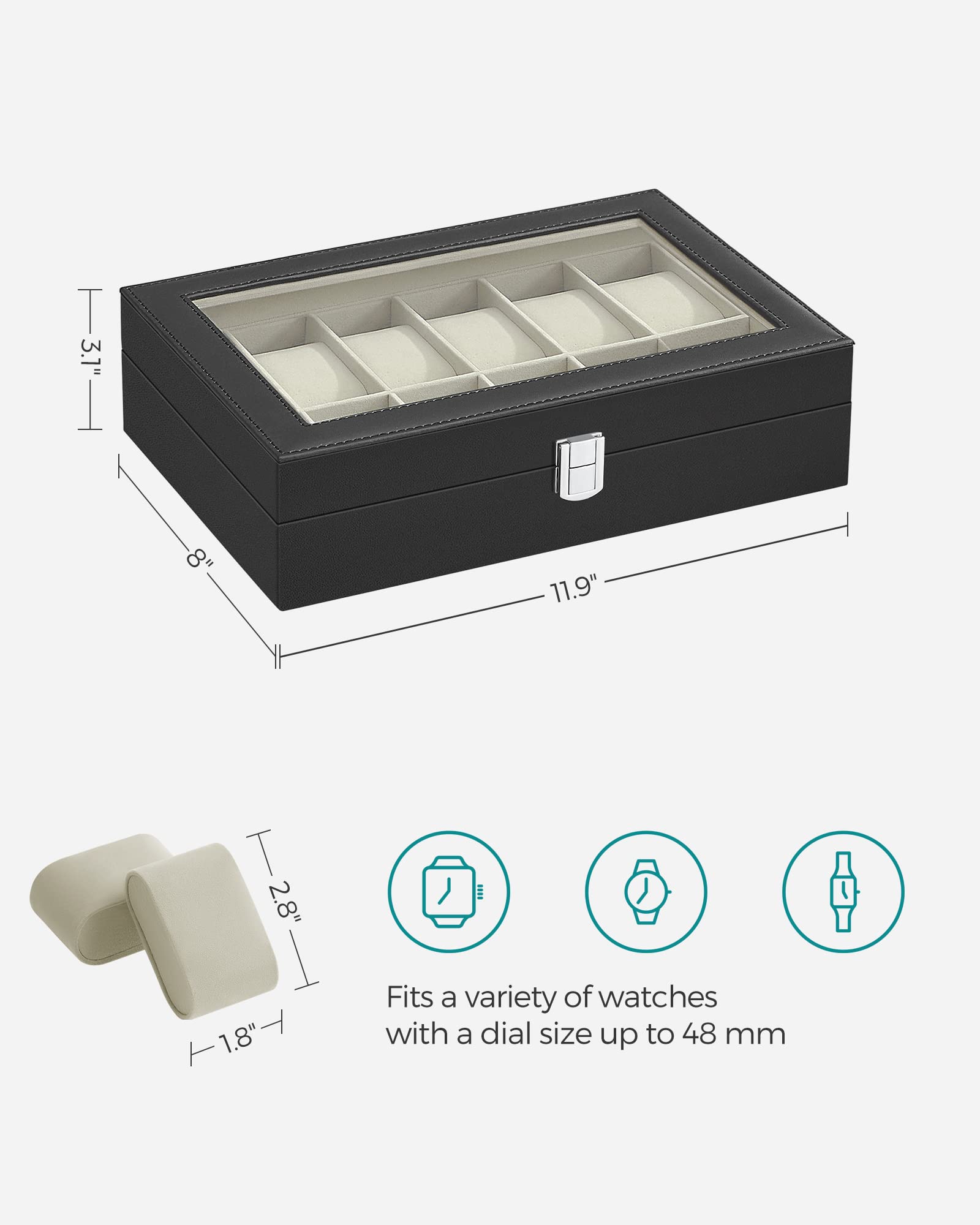 SONGMICS Watch Box, 12-Slot Watch Case Organizer with Large Glass Lid, Removable Pillows, Gift for Loved Ones, Black Synthetic Leather, Gray Lining UJWB12BK