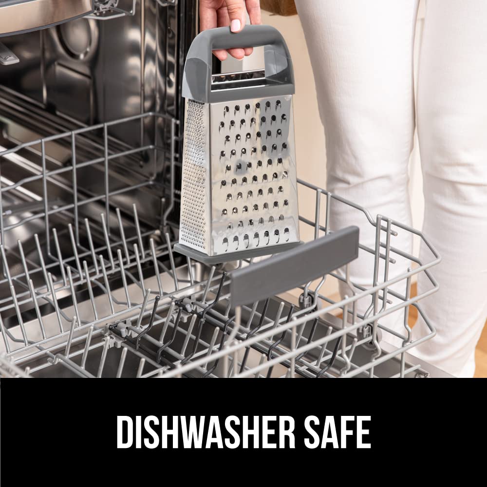 GORILLA GRIP 4-Sided Stainless Steel Cheese Grater With Container, 100% BPA-Free Box Grater, Slip Resistant Base and Handle, Grate Parmesan, Hard Cheeses, Shred Vegetables, Dishwasher Safe, Black