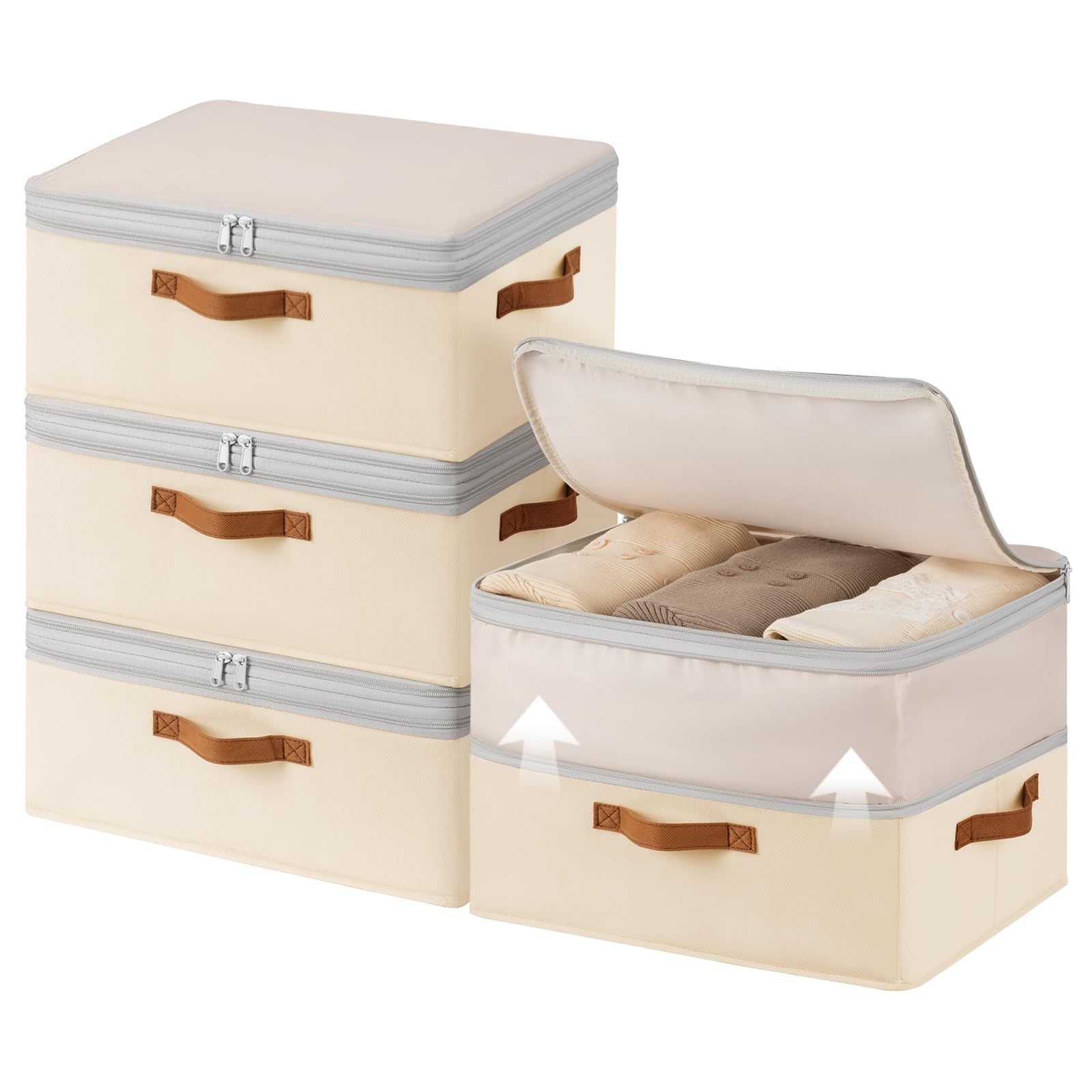 Homsorout Large Closet Storage Bins - Compression Organizer Bins, Stackable Closet Organizer, Expandable Under Bed Storage Containers for Clothes, Towels, Sheet, 2 Pack, Beige