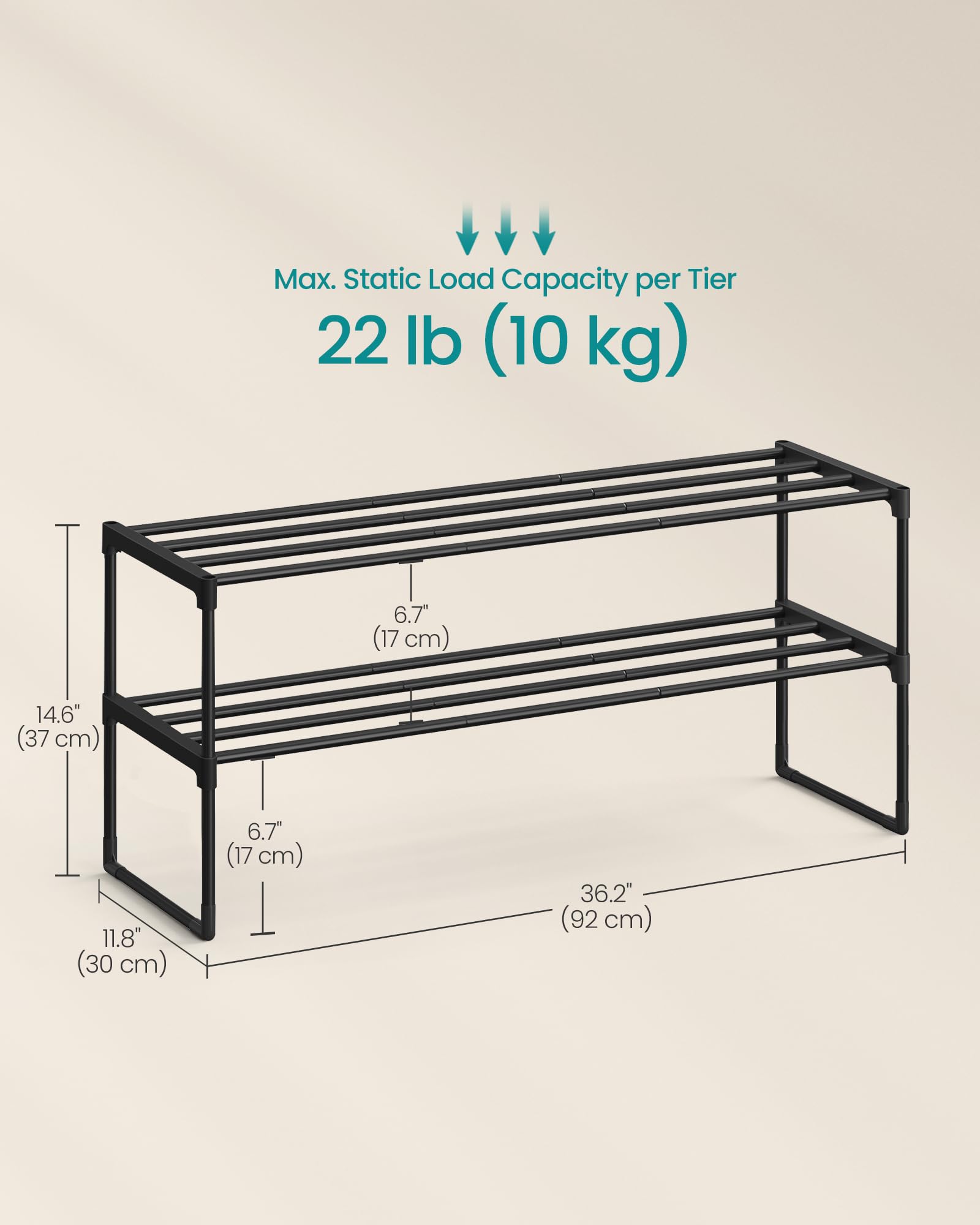 SONGMICS Shoe Rack, 3-Tier Shoe Organizer, Metal Storage Shelf, Upright or Upside Down, for 16-20 Pairs, Stackable, for Entryway, 11.8 x 36.2 x 21.7 Inches, Black ULSA303B02