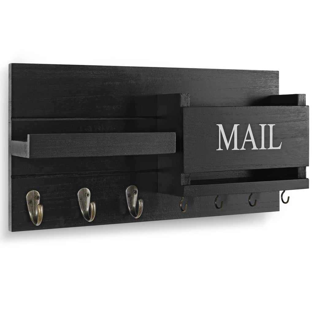 Mail Organizer for Wall Mount – Key Holder with Shelf Includes Letter Holder and Hooks for Hallway Farmhouse Decor – Rustic Wood with Flush Mounting Hardware (16.5” x 9.1” x 3.4”) (White)